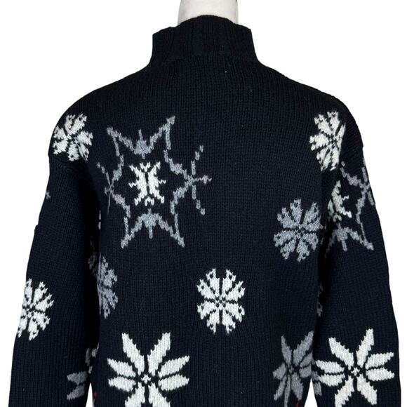 American Collection Black 100% Wool Tight Knit Turtleneck Snowflake Sweater - Picture 9 of 11